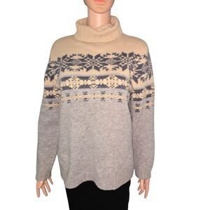 GAP Lambswool Sweater, Small, Tan Gray‎ Nordic Snowflake Fair Isle Pullover Vtg